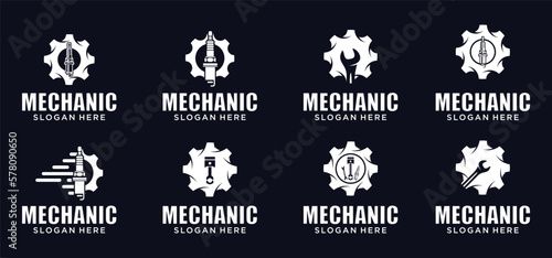 Car engine combination gear logo, wrench logo, spark plug logo, mechanical parts