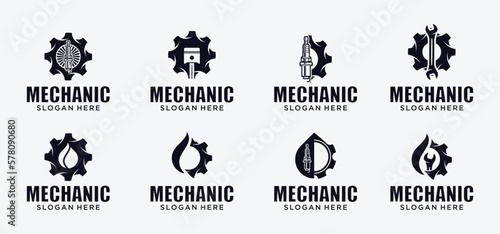 Mechanical technology logo, combination gear oil logo symbol, gear and piston, engine parts.