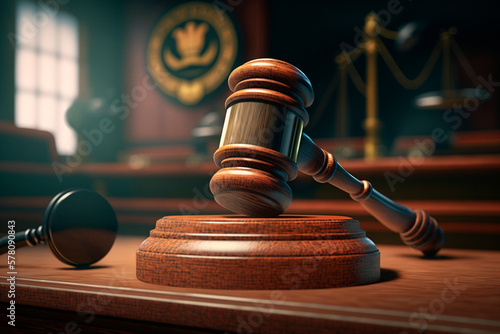 Fotografia Justice Served: Gavel on Wooden Desk in Courtroom