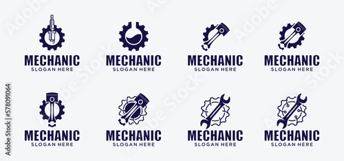 Mechanical technology logo  gear and piston combination logo symbol. engine parts