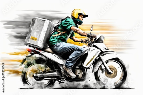 A delivery Man on his motrocycle Accelerating photo