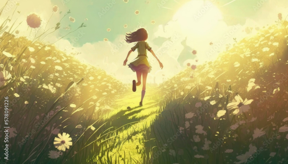 Fototapeta premium A happy little girl runs across a field on a sunny day, created with Generative AI technology.