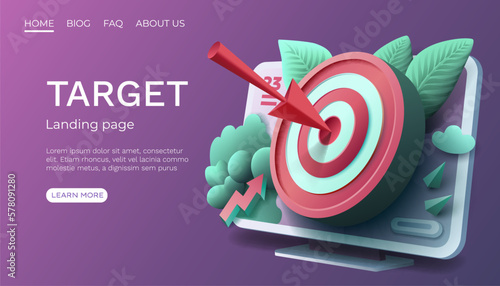 Target laptop finance landing page, banner business 3d icon. Vector 