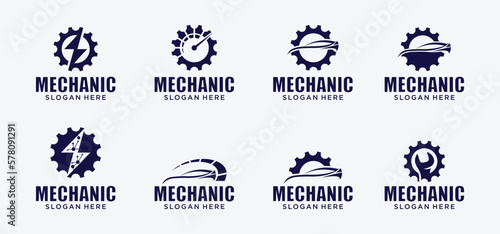 Mechanical technology logo, combination gear oil logo symbol, gear and piston, engine parts.