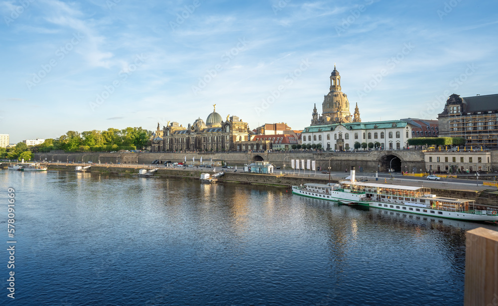 Elbe River skyline with Bruhls Terrace, Academy of Fine Arts and Frauenkirche Church - Dresden, Saxony, Germany