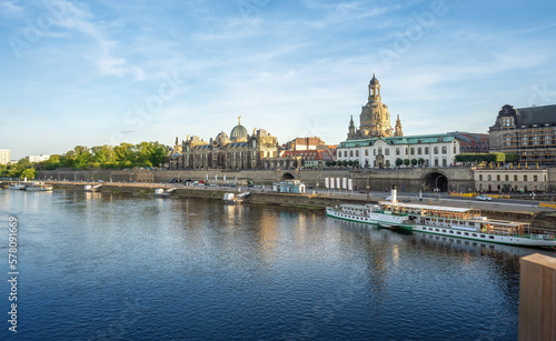 Elbe River skyline with Bruhls Terrace, Academy of Fine Arts and Frauenkirche Church - Dresden, Saxony, Germany