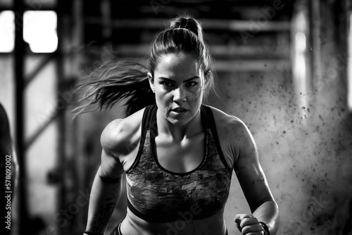 Portrait of female athlete running in gym. Wear sportswear.