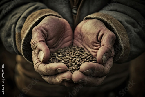 Grain in old farmer hands, Generative AI