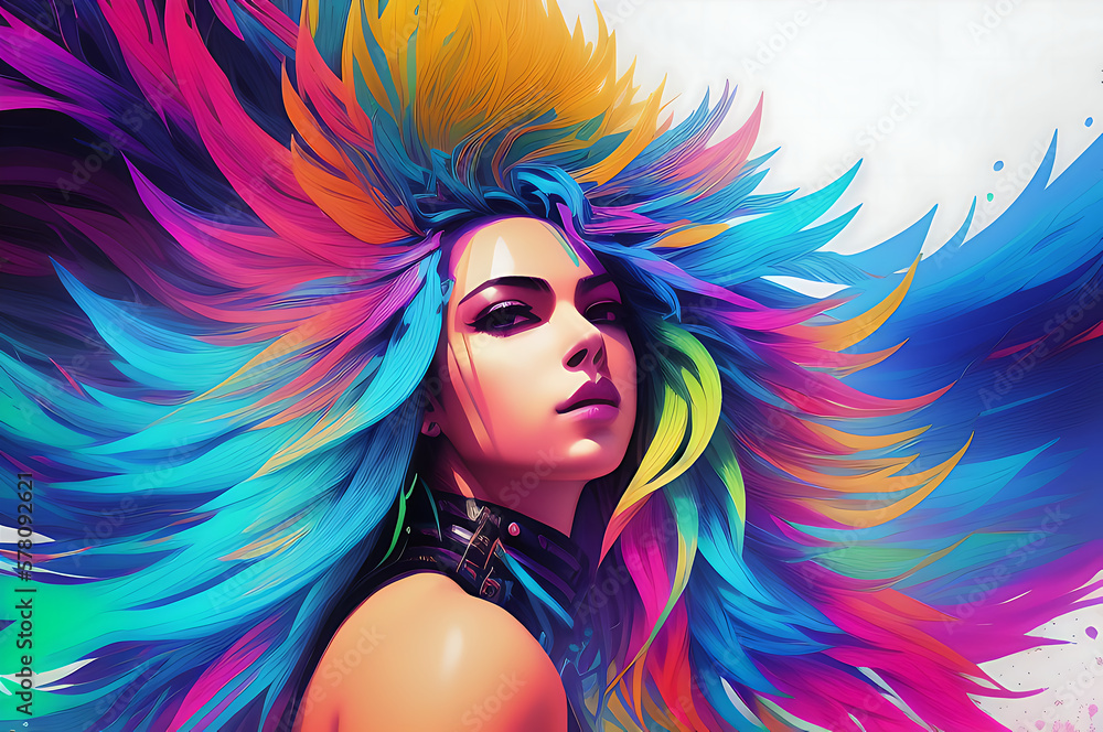 Fototapeta premium Female cyberpunk portrait, a woman with a tattoo, and colorful hair. Generative AI.