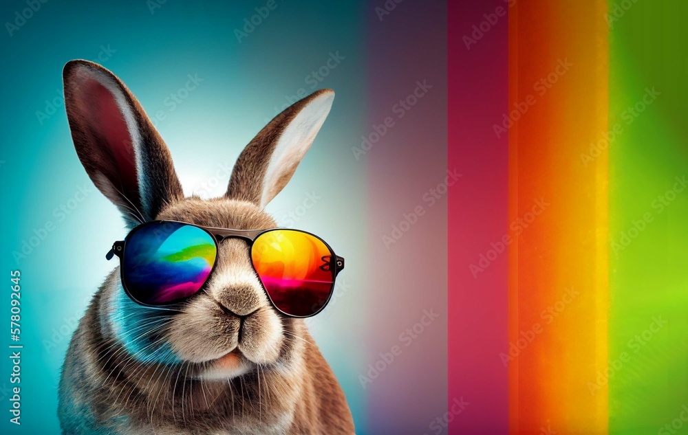 Funny easter bunny with sunglasses on colorful background. Generative Ai