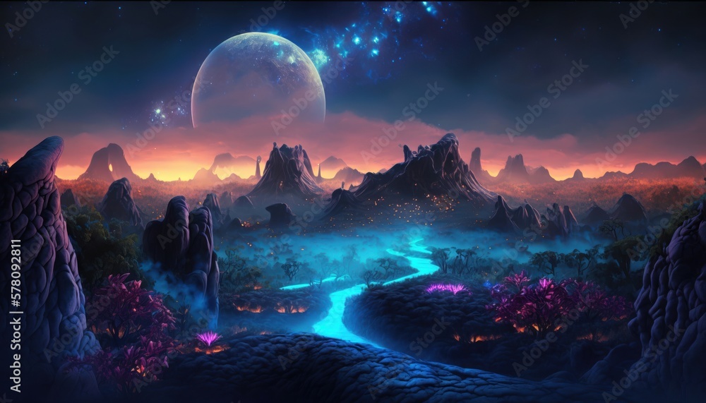 Fantasy alien planet. Mountain and river. Generative AI
