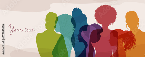 Silhouette group of multicultural women. Female social community of diverse culture. International Women s day. Colleagues. Racial equality.Banner poster copy space.Empowerment.Inclusive