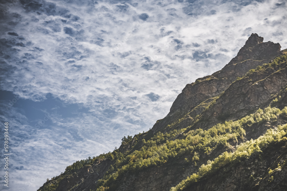 Naklejka premium Mountain landscape with a rocky slope overgrown with vegetation against a cloudy sky in the mountains, summer landscape in the mountains