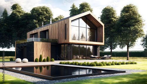 Ultra-modern Architect-designed luxury barn house, light brown wood and brown stone, dark glass with a sleek modern design featuring a flat pitched roof, located in a landscaped garden © CanvasPixelDreams
