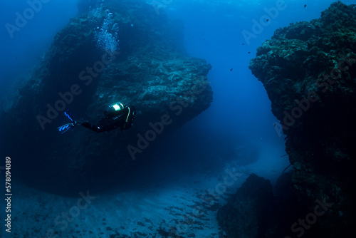 Female Scuba diver diving in the Canary Islands in Tenerife at Cala Amarilla © Mike Workman