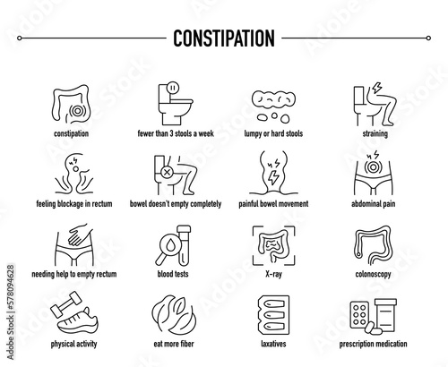 Constipation symptoms, diagnostic and treatment vector icon set. Line editable medical icons.