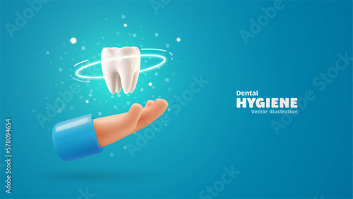 Tooth protection vector illustration. Dentist holding white tooth implant 3d cartoon. Teeth dentistry banner template. Stomatology advertising web banner template