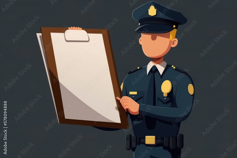 The empty clipboard in the hands of a Police officer. Flat background. Generative ai.