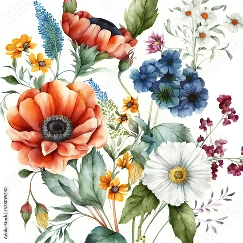 Vintage watercolor Flowers pattern  pastel colors illustration  Generative AI