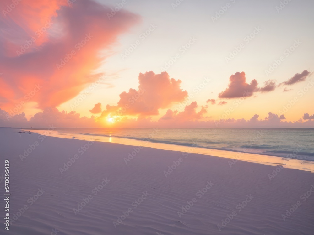 Sunset over the white sand beach with pinky clouds | Generative AI