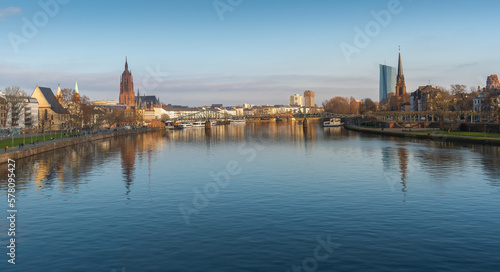 Panoramic view of River Main Skyline with Dreikonigskirche Church and Frankfurt Cathedral - Frankfurt, Germany