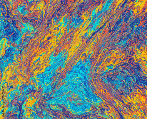 Psychedelic multicolored abstract background with swirls, fluids, found, liquify. Psychedelia illustration. Generative AI