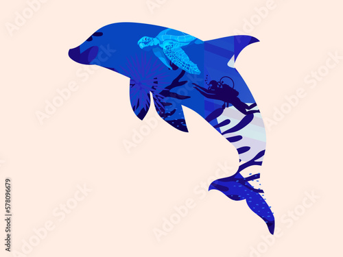 Seascape inside silhouette animal, underwater scape sea dolphin animals vector illustration.