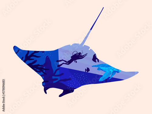 Seascape inside silhouette animal, underwater scape sea manta ray animals vector illustration.