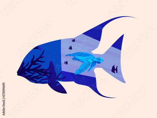 Seascape inside silhouette animal, underwater scape sea fish animals vector illustration.