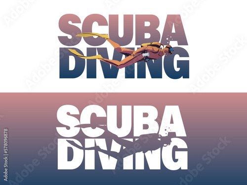 Diving word with silhouettes of diver The concept of sport diving