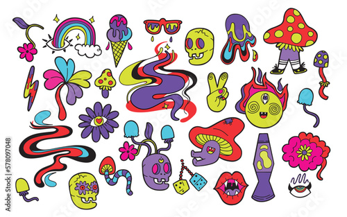 Big hand drawn set with psychedelic trippy characters and objects, hippie style isolated vector illustration in cartoon design