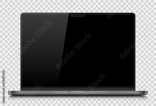 Realistic laptop layout with a dark silver case. A laptop with an empty black screen with a glare on a transparent background. Vector illustration.