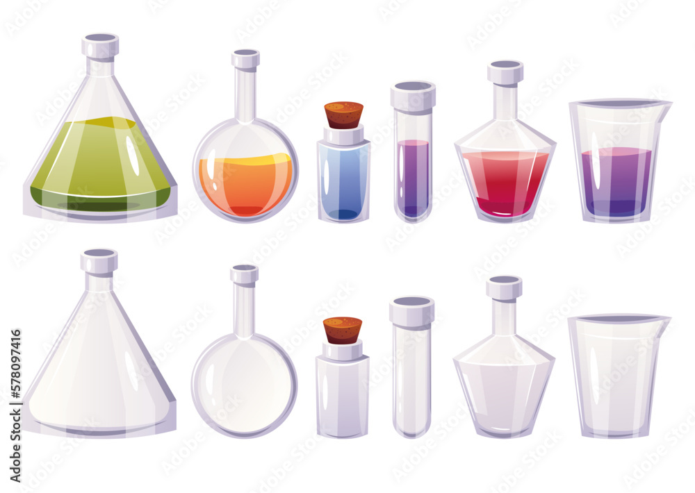 Chemistry flask glass beaker tube liquid test full and empty concept. Vector graphic design illustration Chemistry flask glass beaker tube liquid test full and empty concept. Vector graphic design illustration