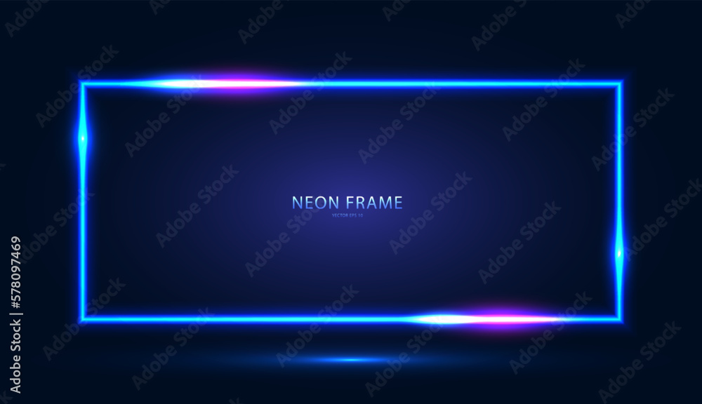 Fototapeta premium Neon rectangular frame with shining effects on a dark blue background. Abstract futuristic banner. Vector EPS 10.