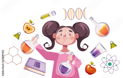 Kid child scientist laboratory chemistry science experiment banner poster concept. Vector graphic design illustration