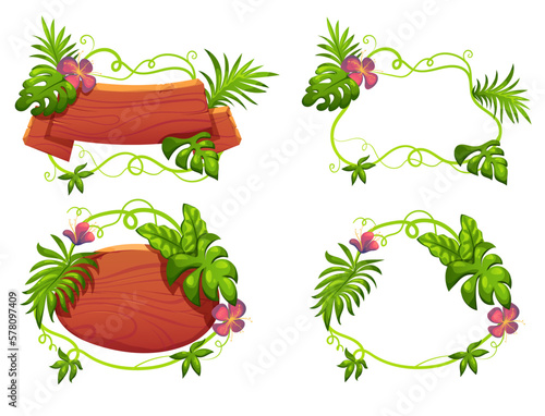 Wood board wooden frame jungle garden banner poster concept set. Vector graphic design illustration
