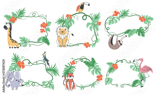 Jungle animal frame tropical safari card border concept set. Vector graphic design illustration