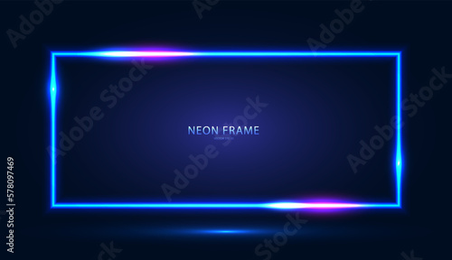 Neon rectangular frame with shining effects on a dark blue background. Abstract futuristic banner. Vector EPS 10.