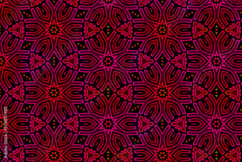 Modern tribal pattern, neon effect, floral design, geometric shapes, red and pink colors, illustration