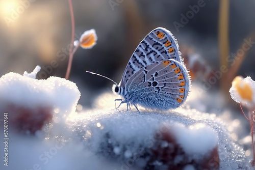 Silver-studded blue (Plebejus) butterfly sitting on the snow, blue butterfly, springtime abstract background, generative ai
