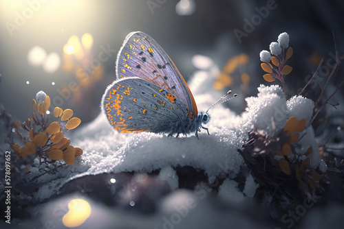 Silver-studded blue (Plebejus) butterfly sitting on the snow, blue butterfly, springtime abstract background, generative ai © Vladimir Sazonov