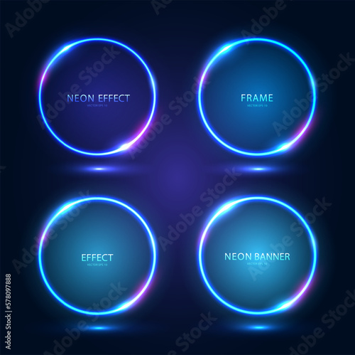 Round blue neon frames with shining effects and highlights on a dark background. A set of four futuristic modern neon glowing banners. Vector EPS10.