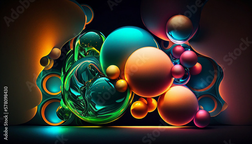 Photo Multiple bubbles with neon lights, glowing, pulsating orbs of energy lining the