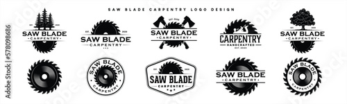 Saw blade carpentry vintage logo design collection. Woodworking labels, emblems logo. Lumberjack, sawmill, pine tree, hand planes, crossed axe symbol logo, vector illustration