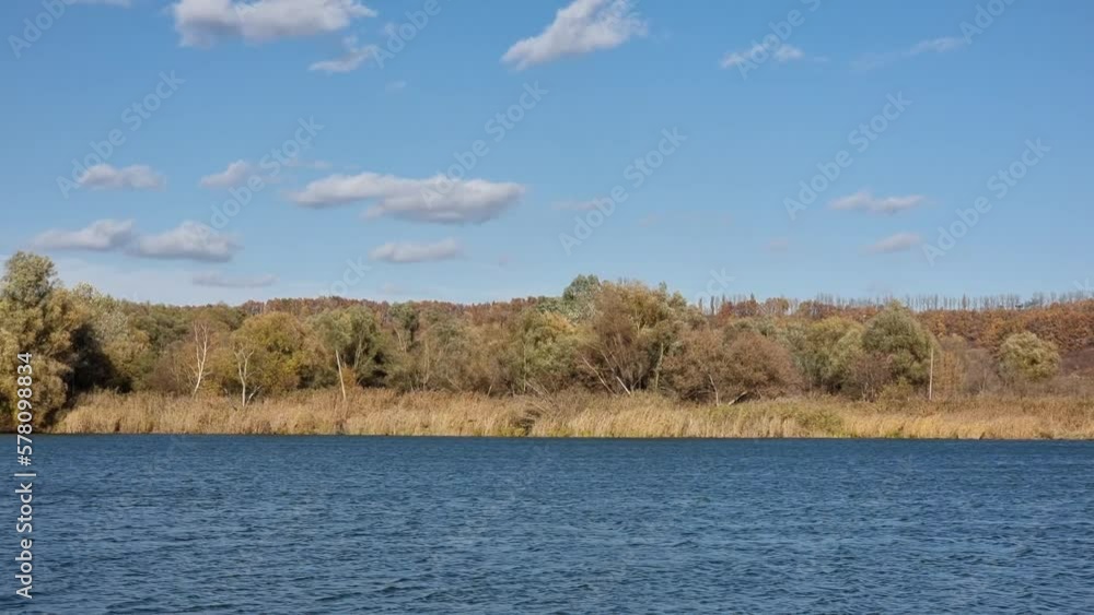 A fast flowing river against a clear blue sky with white clouds. Autumn trees have turned yellow on the banks. sunshine. A fast flowing river against a clear blue sky with white clouds. Autumn trees have turned yellow on the banks. sunshine.