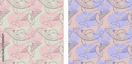 Seamless vector pattern of whales. Blue whale silhouette. Sea. Ocean. Undersea world. Sea creatures. Fabric print. Home textiles.
