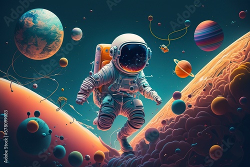 cartoon illustration, astronaut and planets drifting in space, ai generative photo