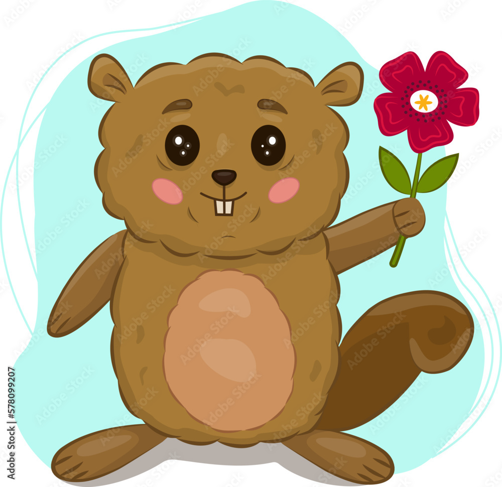 Vector illustration of a beaver with a flower. Cartoon character for Birthday and Valentine's Day. Template for greeting cards, birthday greetings, Internet,mobile devices and infographics.A talisman. Vector illustration of a beaver with a flower. Cartoon character for Birthday and Valentine's Day. Template for greeting cards, birthday greetings, Internet,mobile devices and infographics.A talisman.