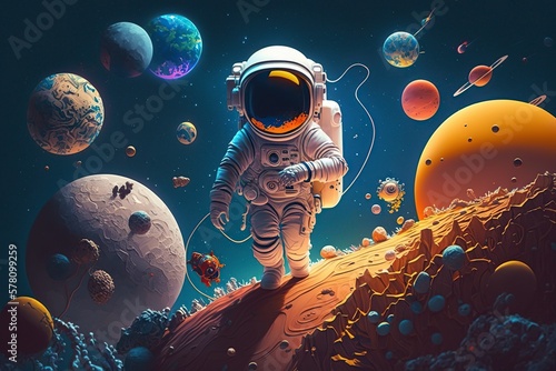 cartoon illustration, astronaut and planets drifting in space, ai generative photo