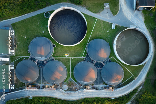 
Vertical view of the process components, fermenters and biogas storage tanks of the agricultural biogas plant. Use of biogas in cogeneration units for electricity and heat production. photo